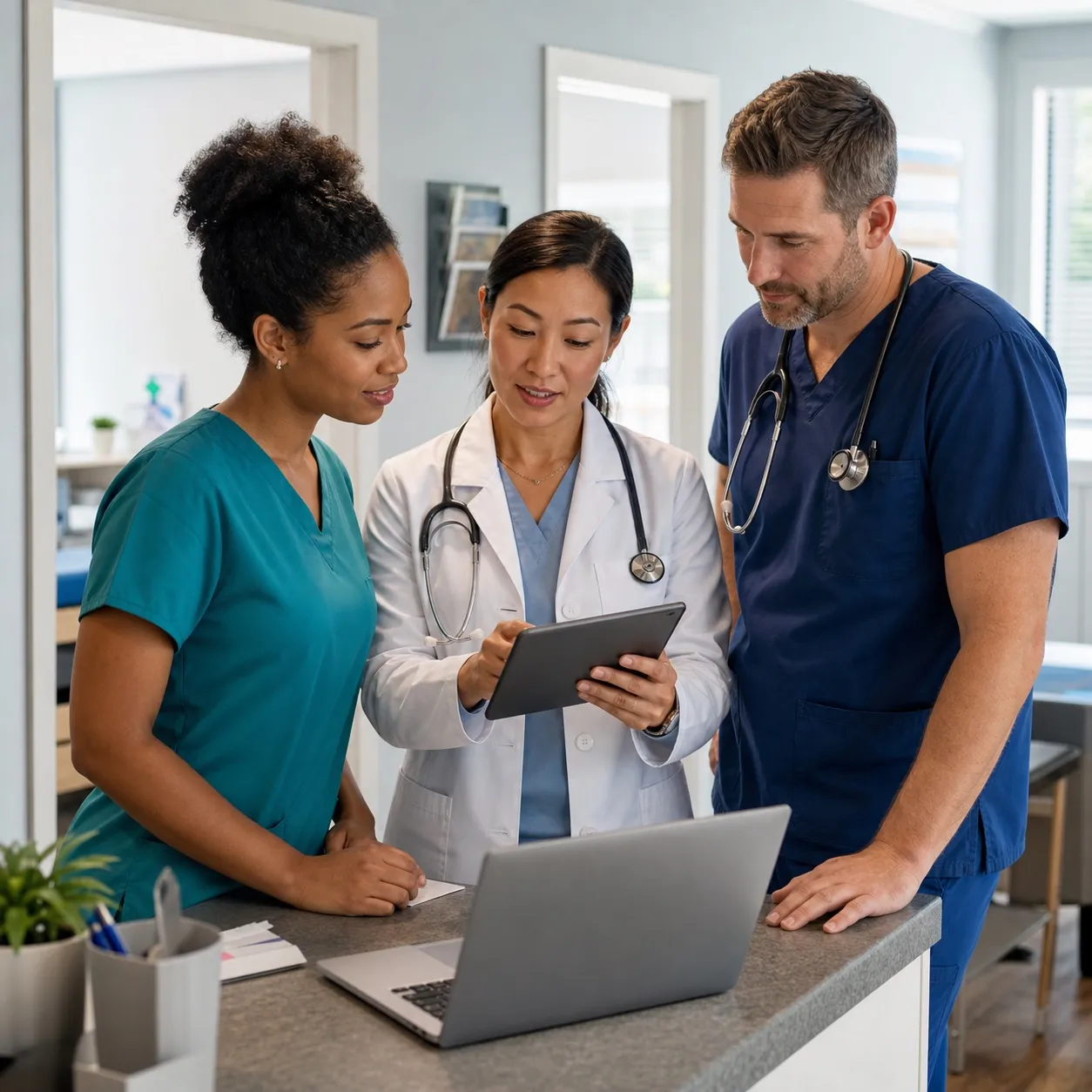 Three clinicians reviewing a tablet together at a clinic workstation
