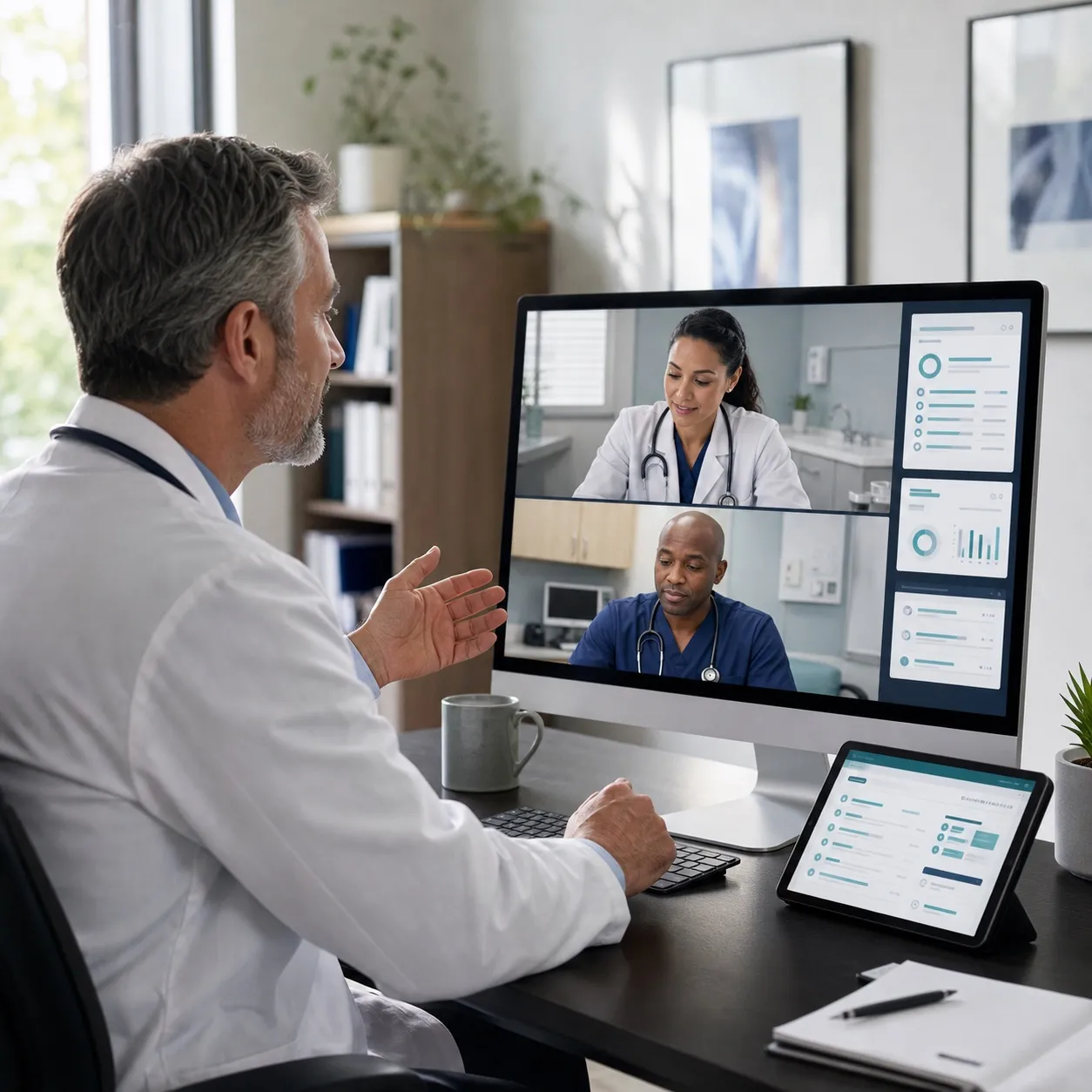 Doctor on a video call with two clinicians in separate clinic rooms