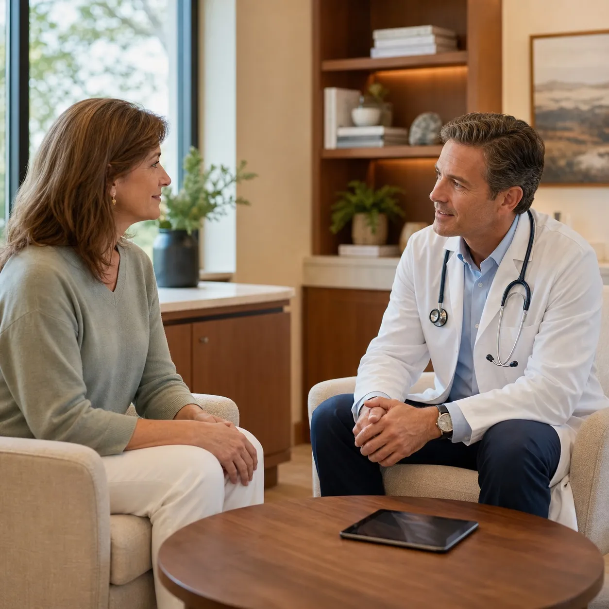 Doctor and patient seated in armchairs in conversation in a consultation room