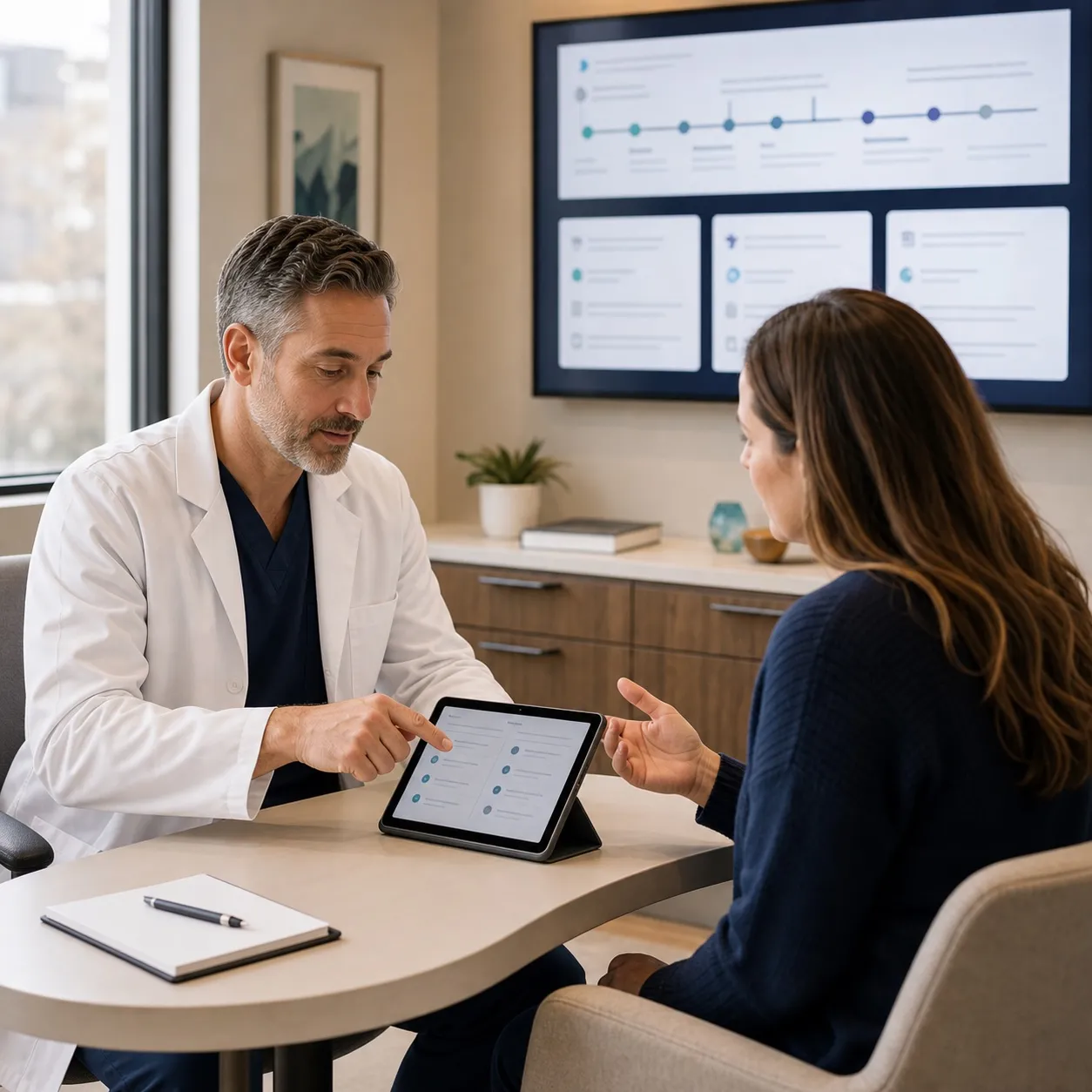 Doctor and patient reviewing information on a tablet at a consultation table