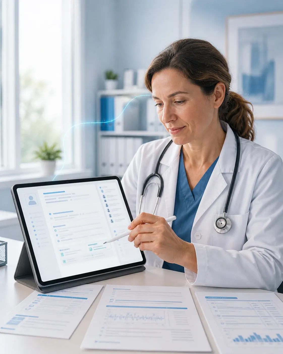 Clinician reviewing a draft clinical note on a tablet, with printed patient records on the desk