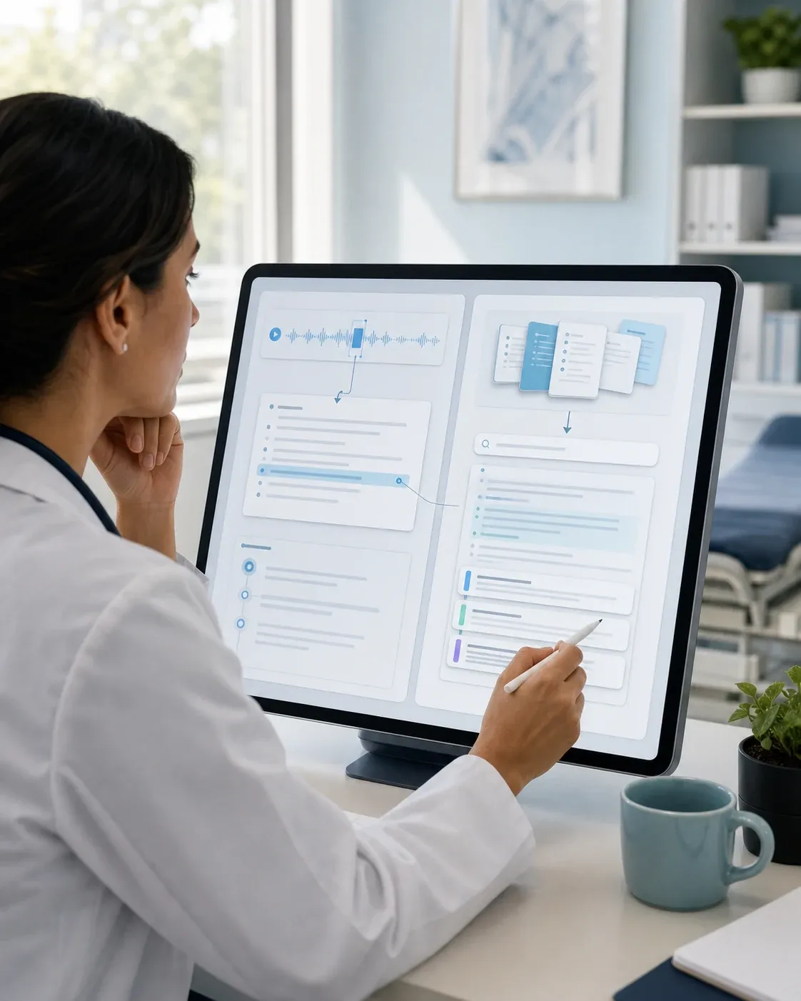 Clinician reviewing a screen showing a note linked back to its audio source alongside searchable document records