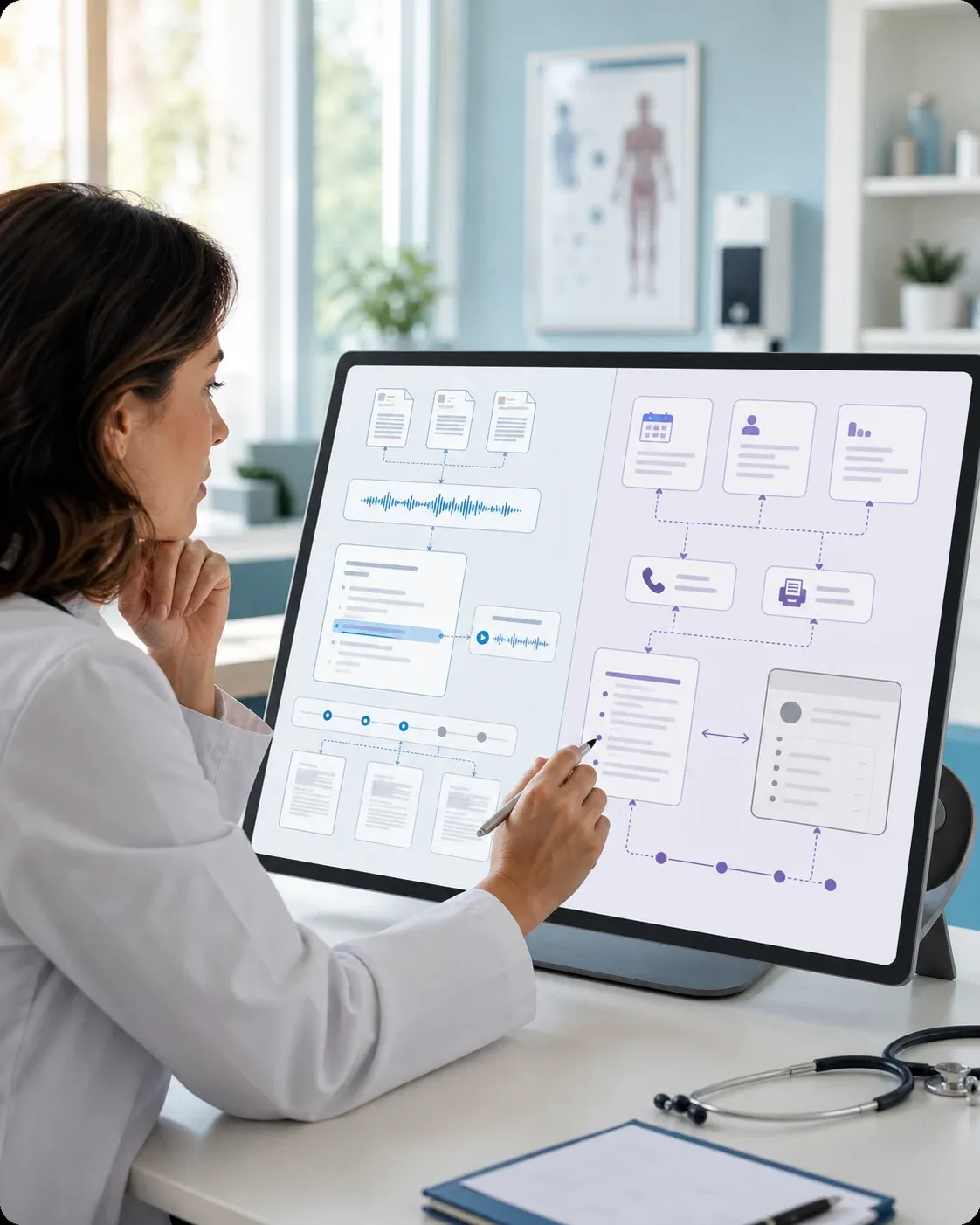 Two-panel workflow diagram: documents and audio converting to a linked transcript on the left, contact and record icons flowing into connected panels on the right