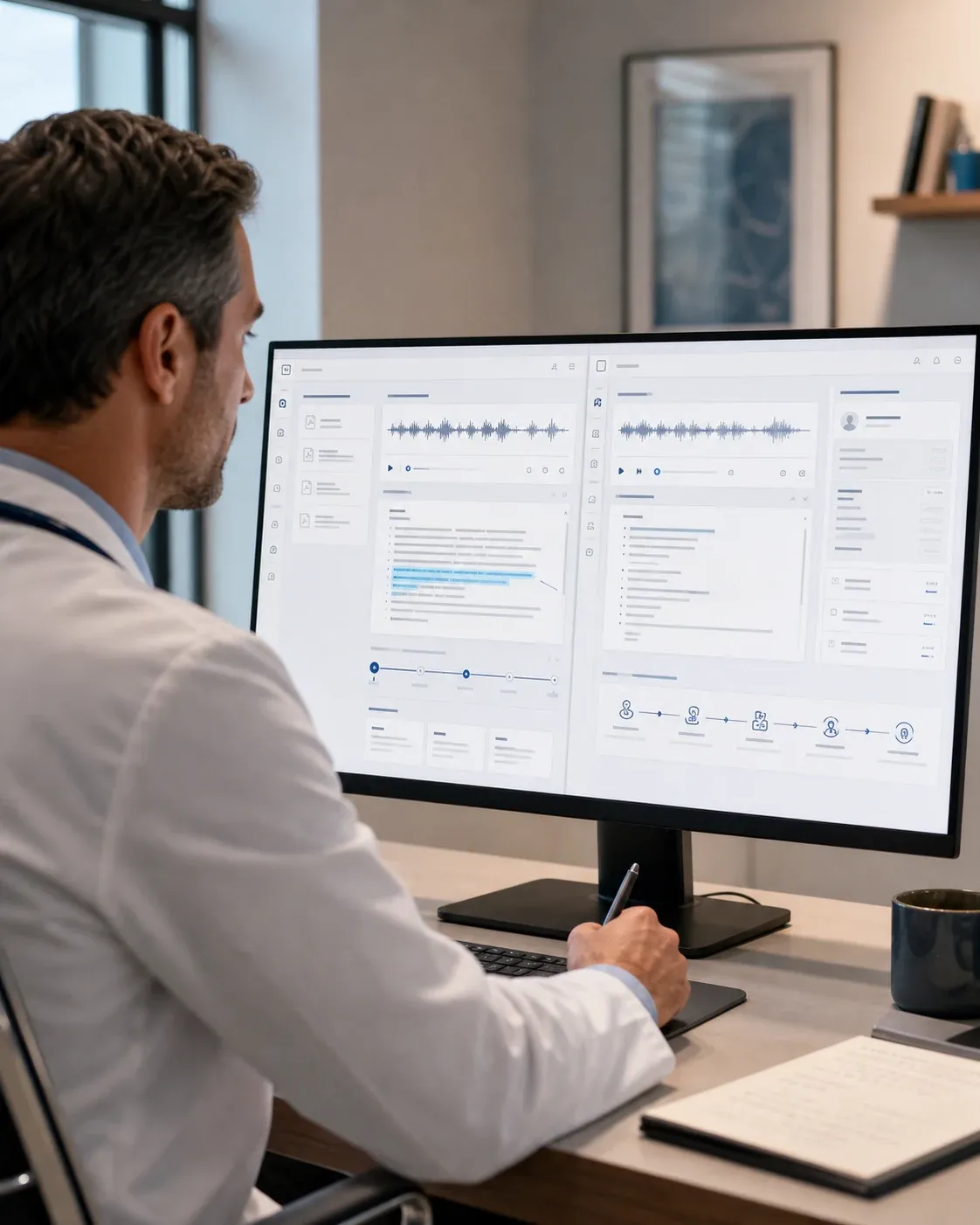 Doctor comparing two documentation interfaces side by side, one showing a transcript line highlighted and linked to its audio source