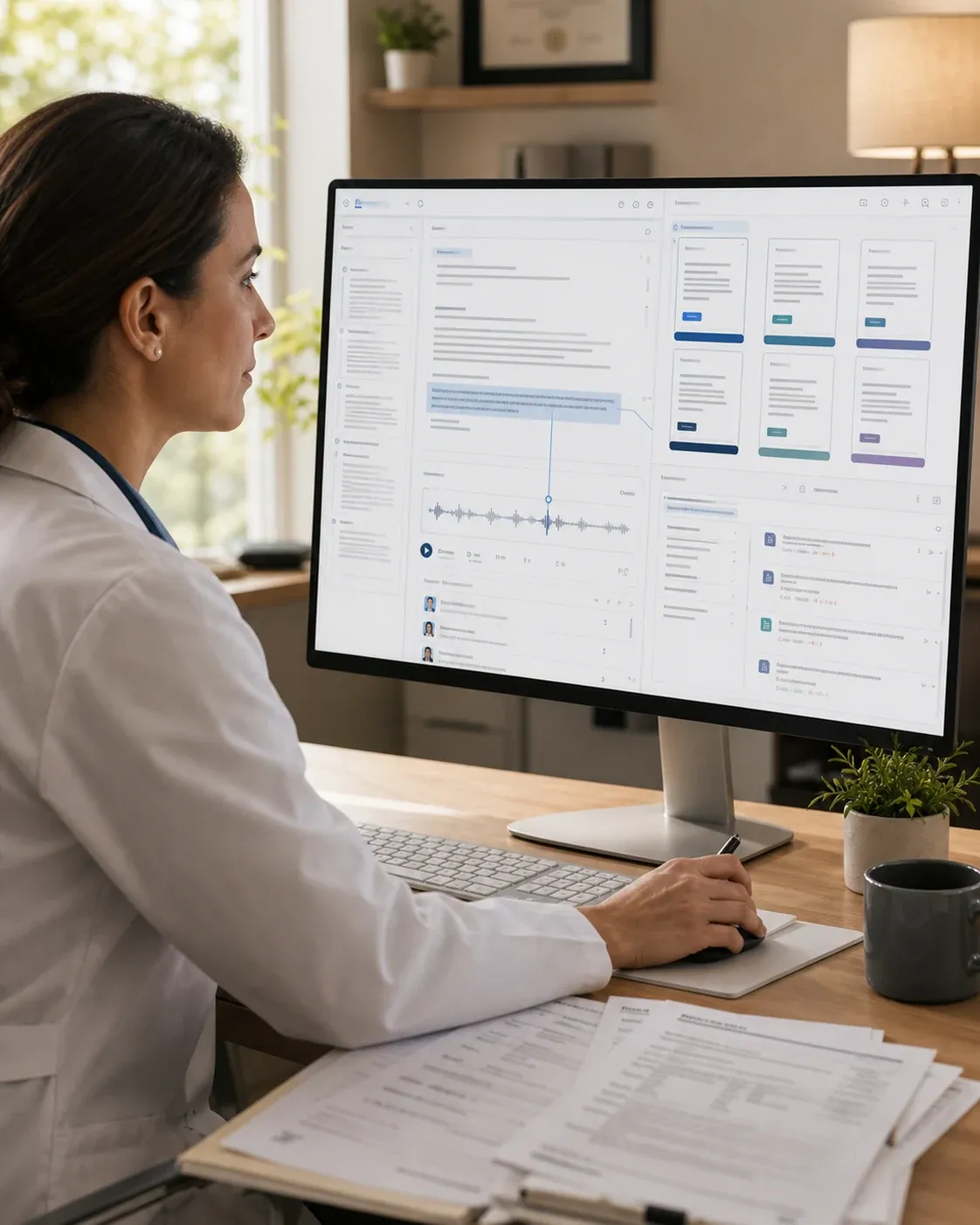 Doctor reviewing a highlighted transcript linked to its audio source, beside a grid of document output templates