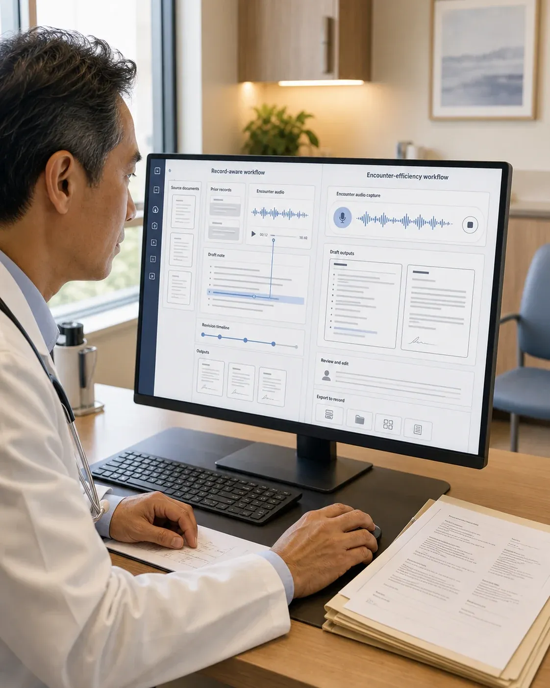 Doctor comparing a record-aware documentation workflow with prior records and a revision timeline against an encounter-efficiency workflow centered on audio capture