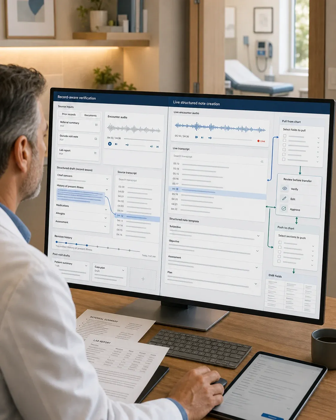 Doctor reviewing a split-screen documentation interface — one side shows record-aware verification with source documents and a revision history, the other shows live encounter audio feeding a structured note template with EMR pull-and-push controls