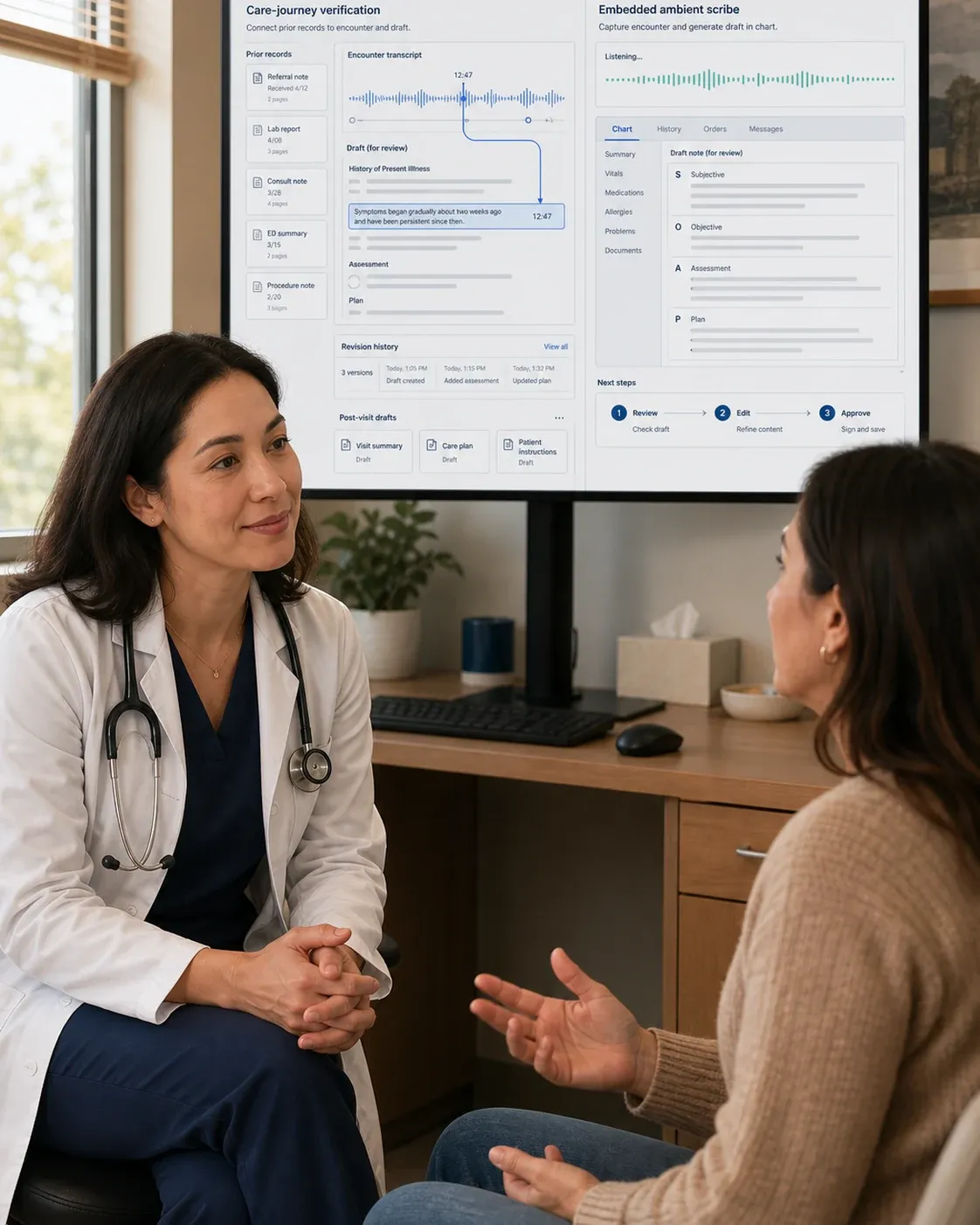 Doctor consulting with a patient, with a wall display behind them split between care-journey verification (prior records, encounter transcript, draft note, revision history) and an embedded ambient scribe listening to the visit and building a structured SOAP note