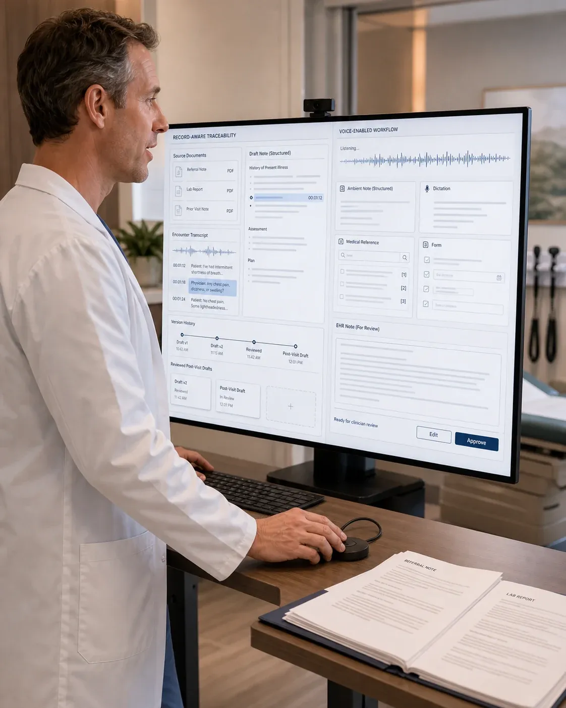 Doctor at a standing desk viewing a split-screen monitor — one side shows record-aware traceability with source documents, encounter transcript, and version history, the other shows a voice-enabled workflow with ambient note-taking, dictation, medical reference, and form completion