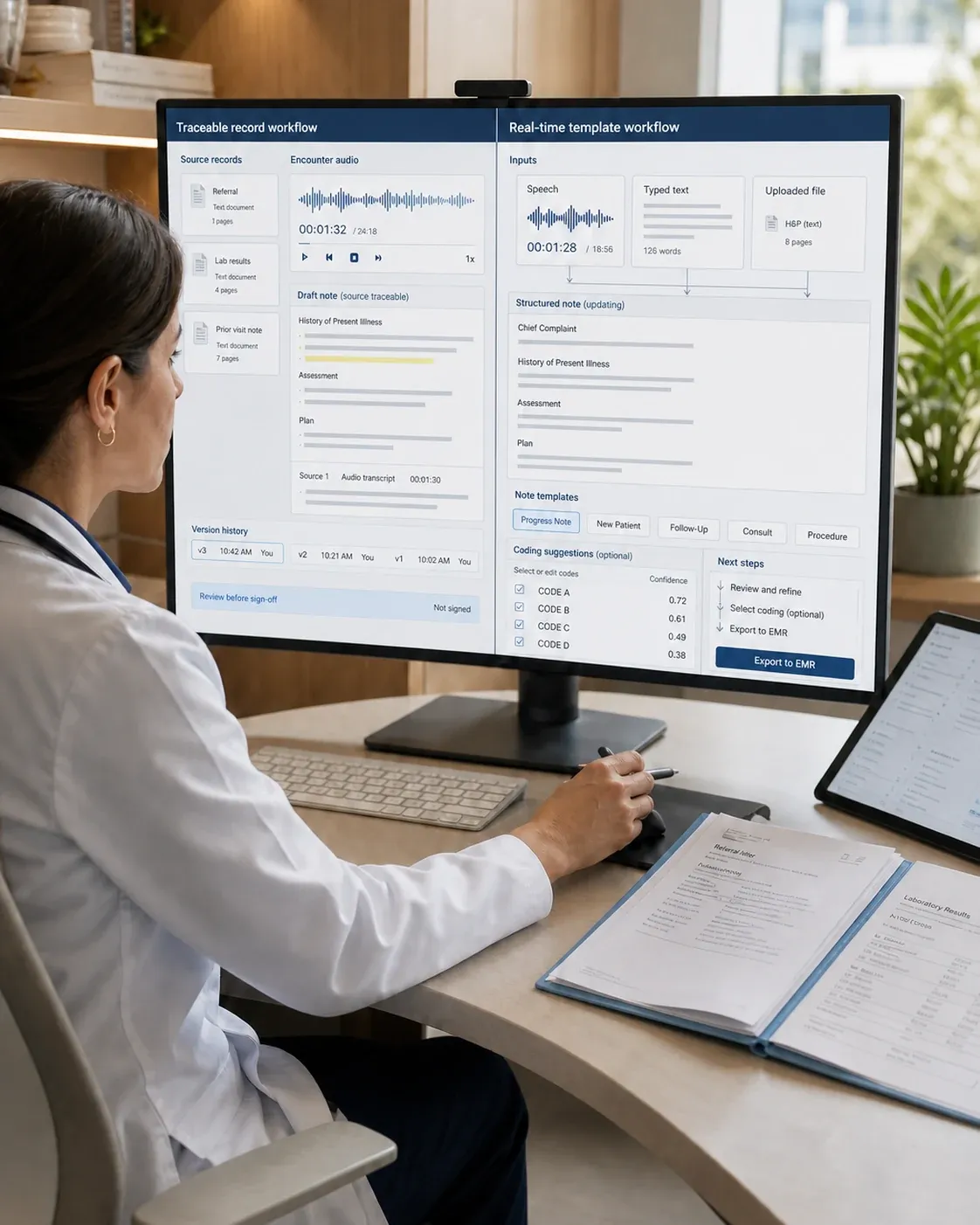 Doctor at a desk viewing a split-screen monitor — one side shows a traceable record workflow with source documents, encounter audio, a version-controlled draft note, and sign-off status, the other shows a real-time template workflow with speech/text/file inputs, note templates, coding suggestions, and an EMR export button