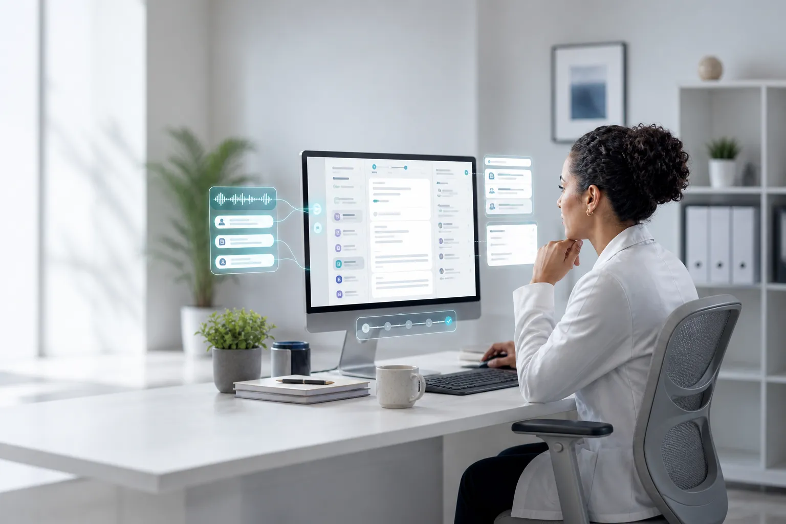 Clinician reviewing a structured documentation workflow on screen — audio, patient details, and source documents feeding into an organized note, with generated output cards and a completed step-by-step progress tracker