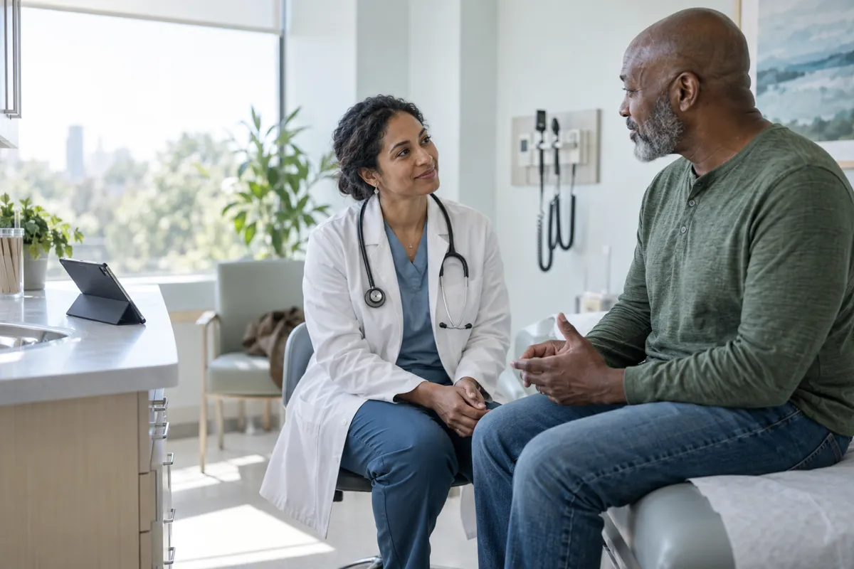 Clinician and patient talking during a consultation while notes are captured automatically in the background
