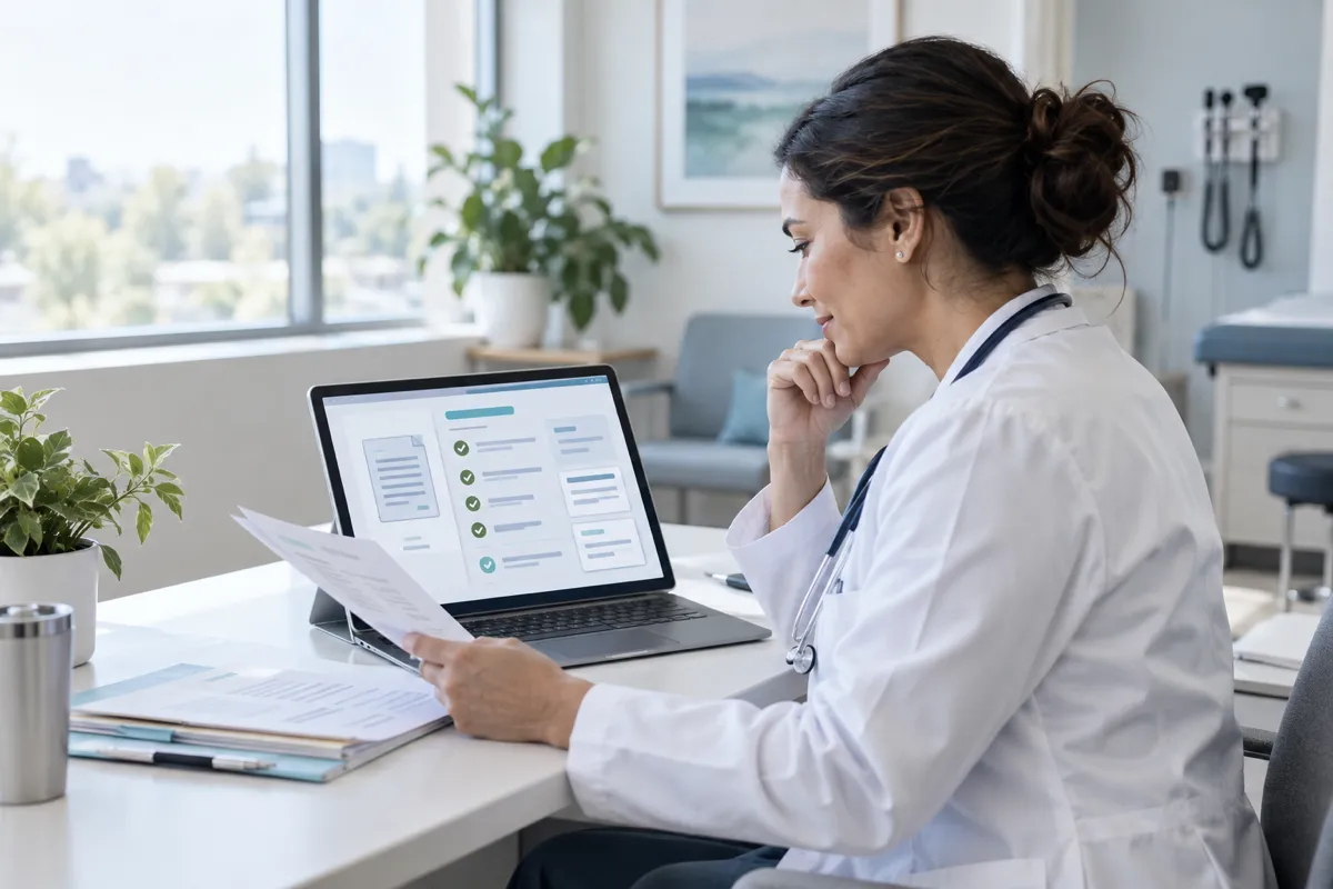 Clinician reviewing an AI-generated summary of a referral PDF on screen