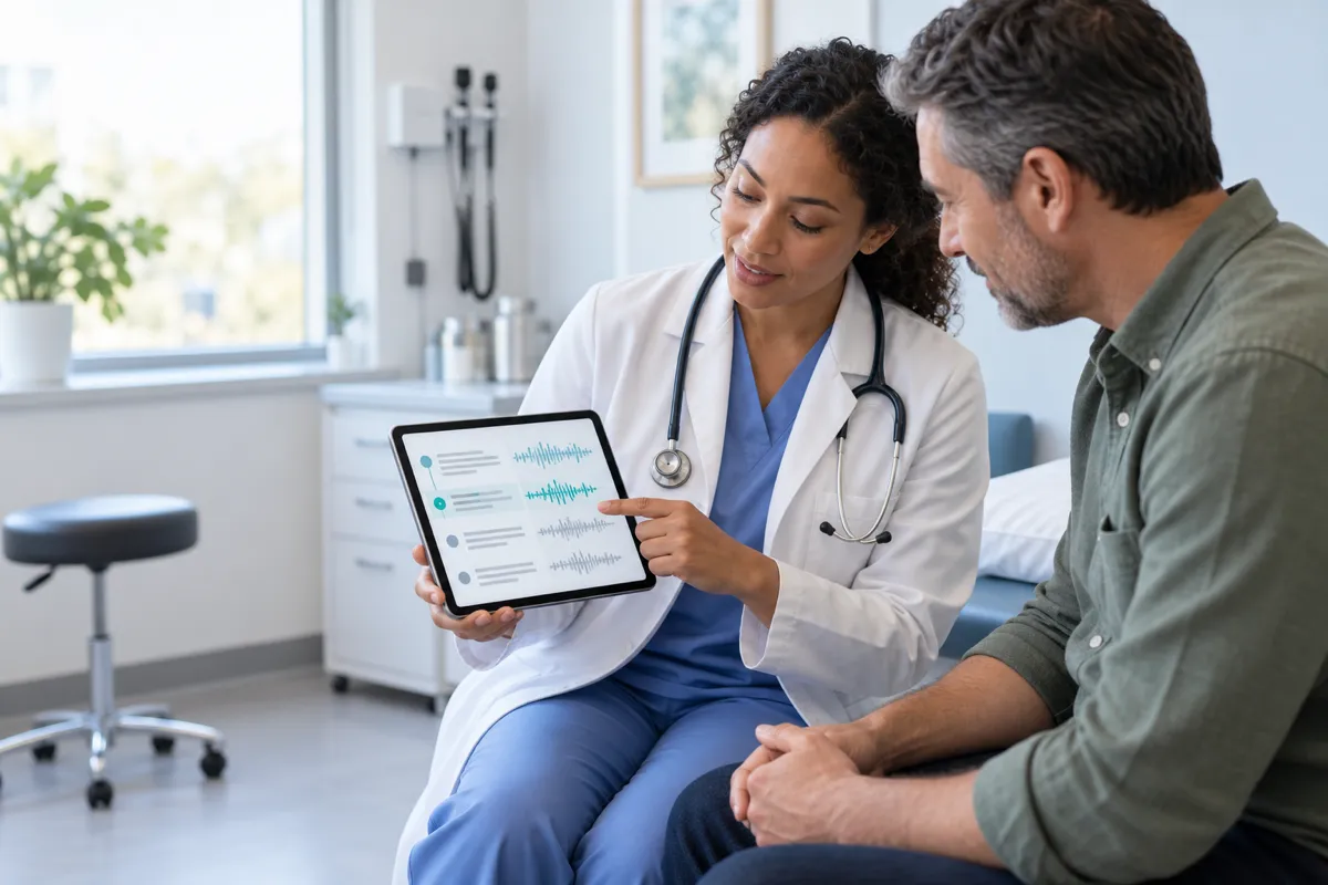 Clinician reviewing an AI-drafted clinical note with each line linked to its source audio