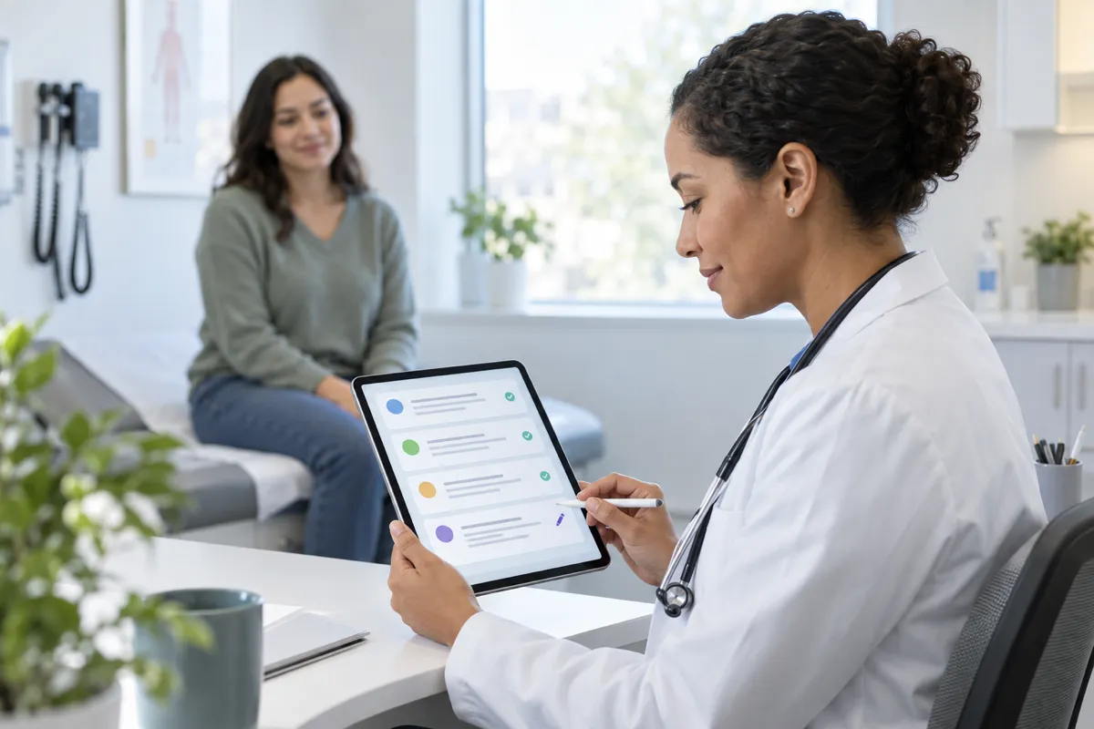 Clinician reviewing an AI-drafted SOAP note after a patient visit
