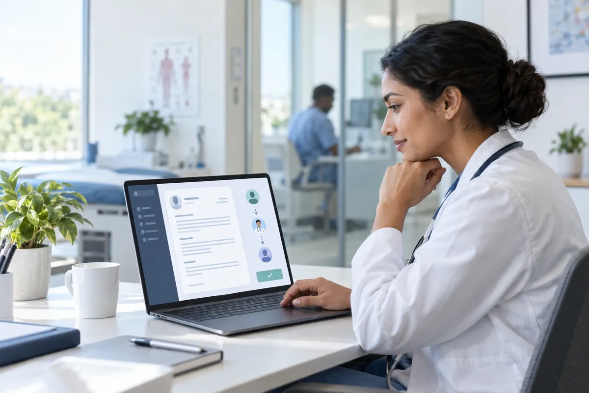 Clinician drafting a referral letter after a patient consultation