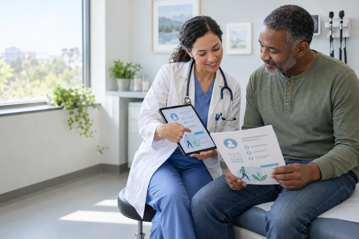Clinician handing a patient a printed instruction sheet after a visit