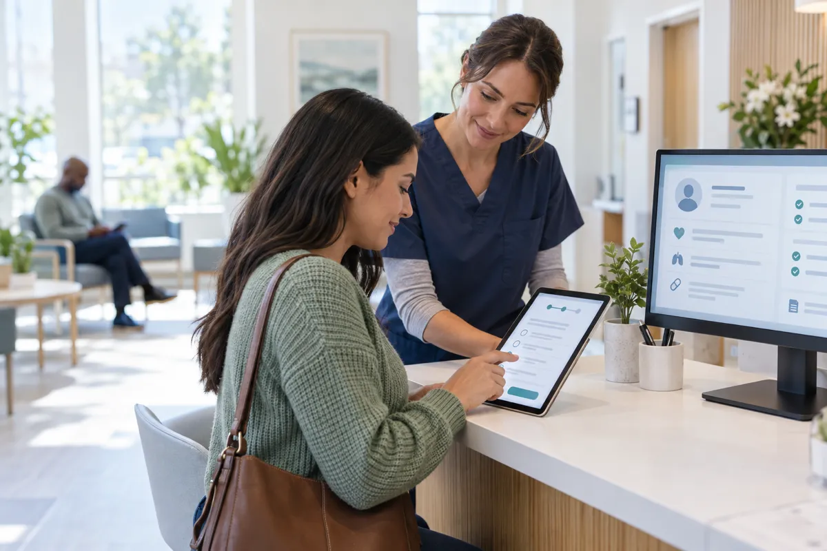 Patient filling out digital intake form on a tablet with clinic staff assistance
