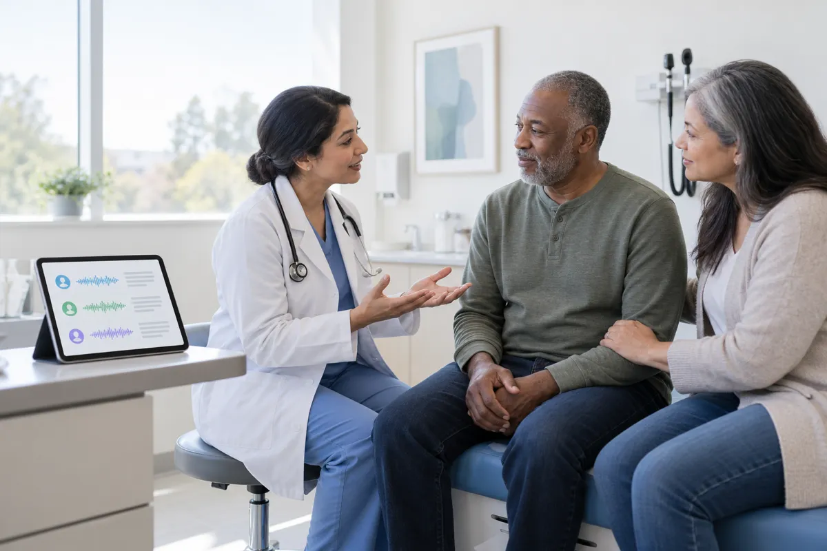 Doctor consulting with a patient and family member, tablet displaying multi-speaker transcript