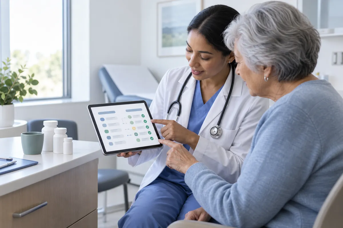Doctor reviewing a medication reconciliation checklist on a tablet with a senior patient