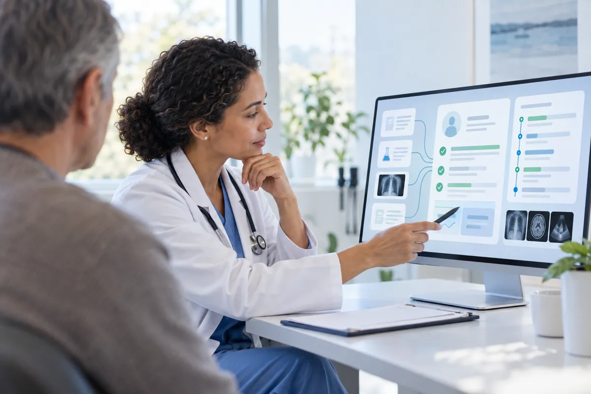 Doctor reviewing a patient's summarized medical record and imaging on screen with the patient present