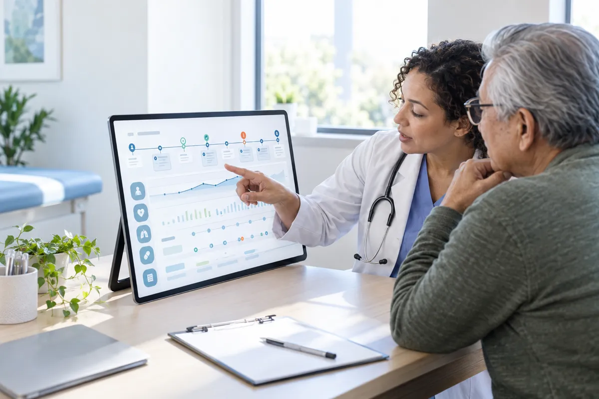 Doctor reviewing a patient's longitudinal health timeline on a tablet with the patient present