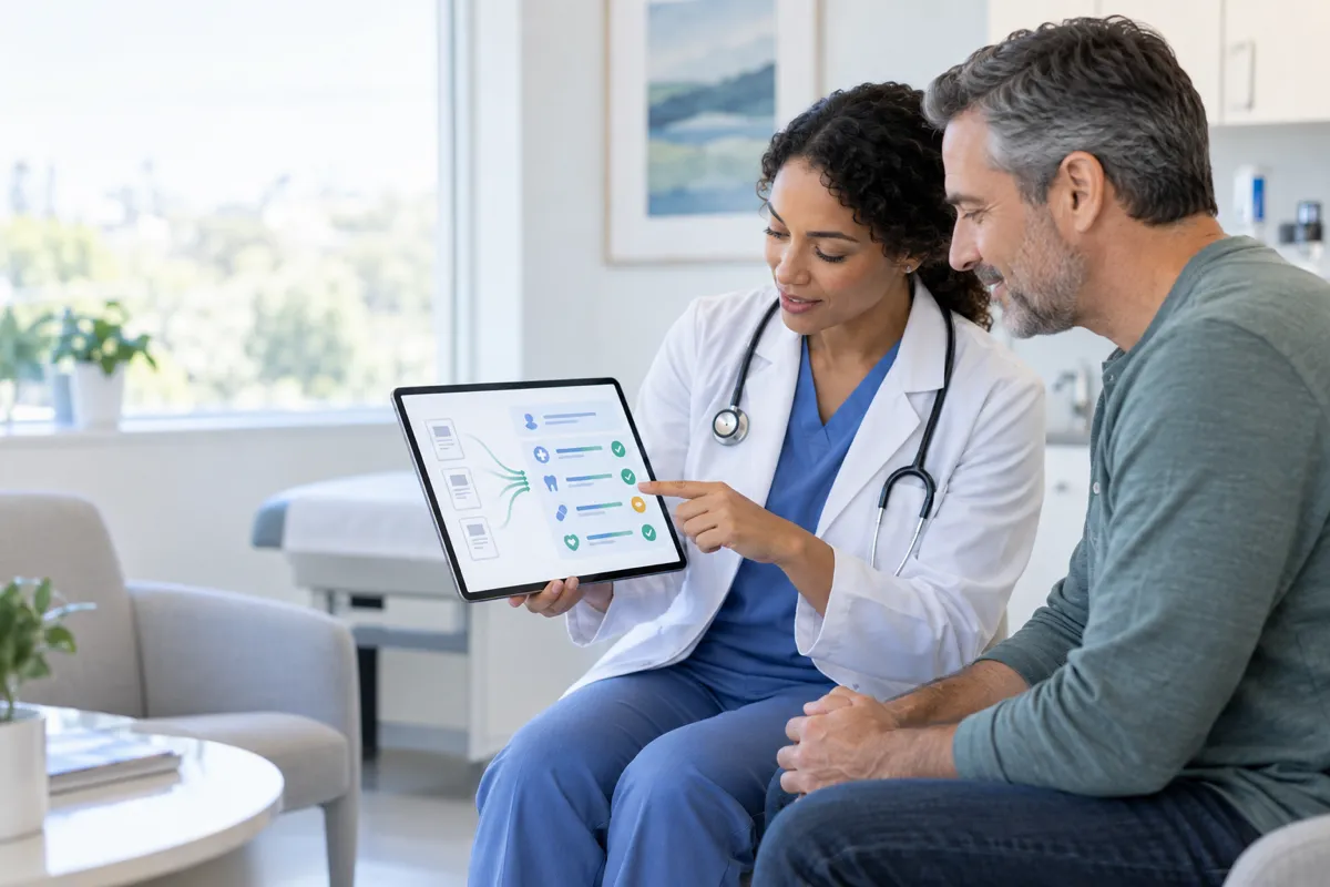 Doctor reviewing a structured insurance summary on a tablet with the patient present