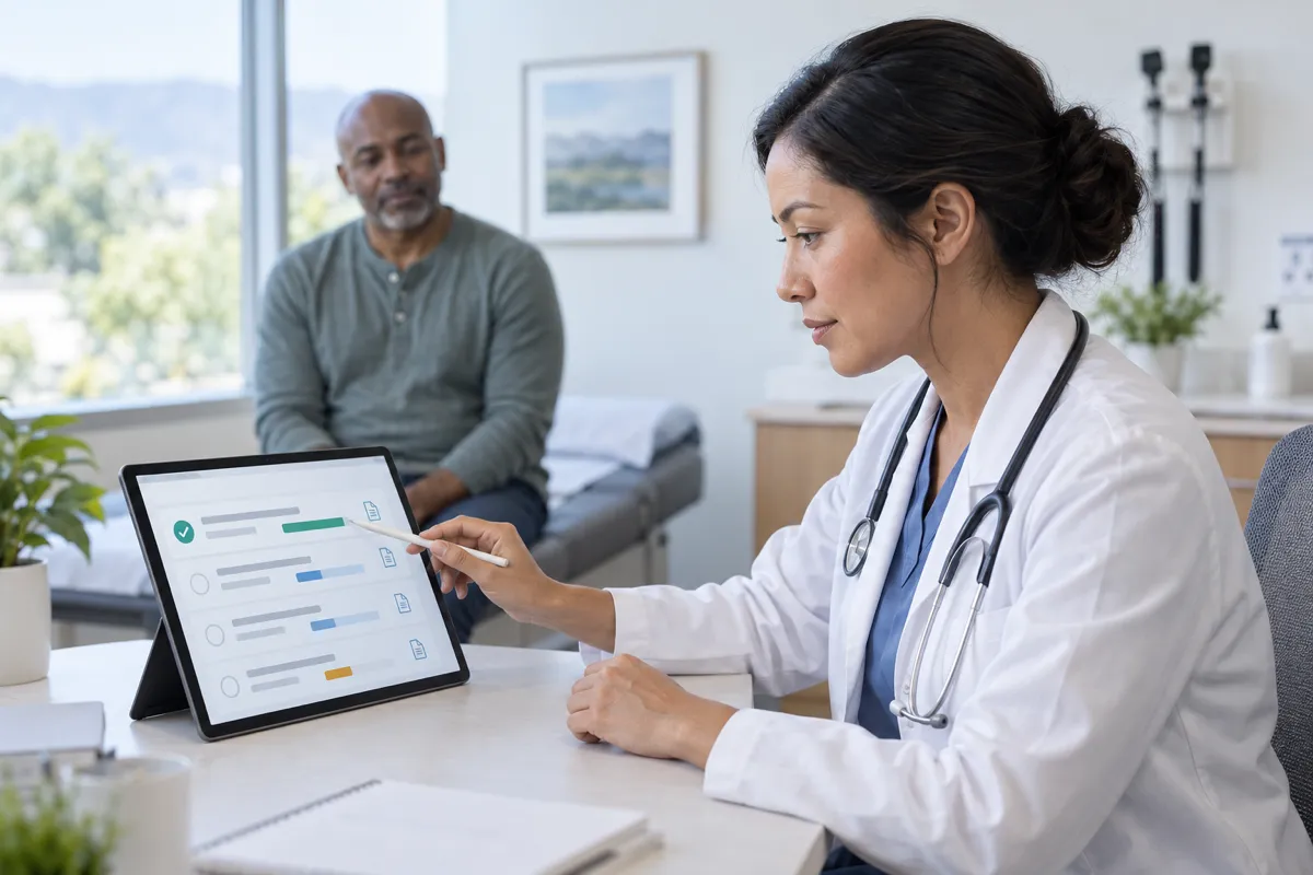 Doctor reviewing confidence-scored documentation on a tablet