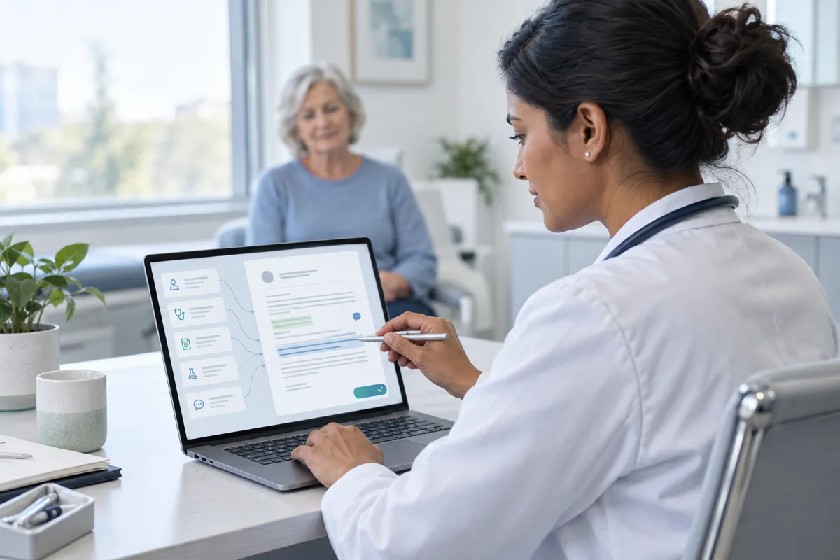 Doctor reviewing a clinical letter draft on a laptop with the patient present