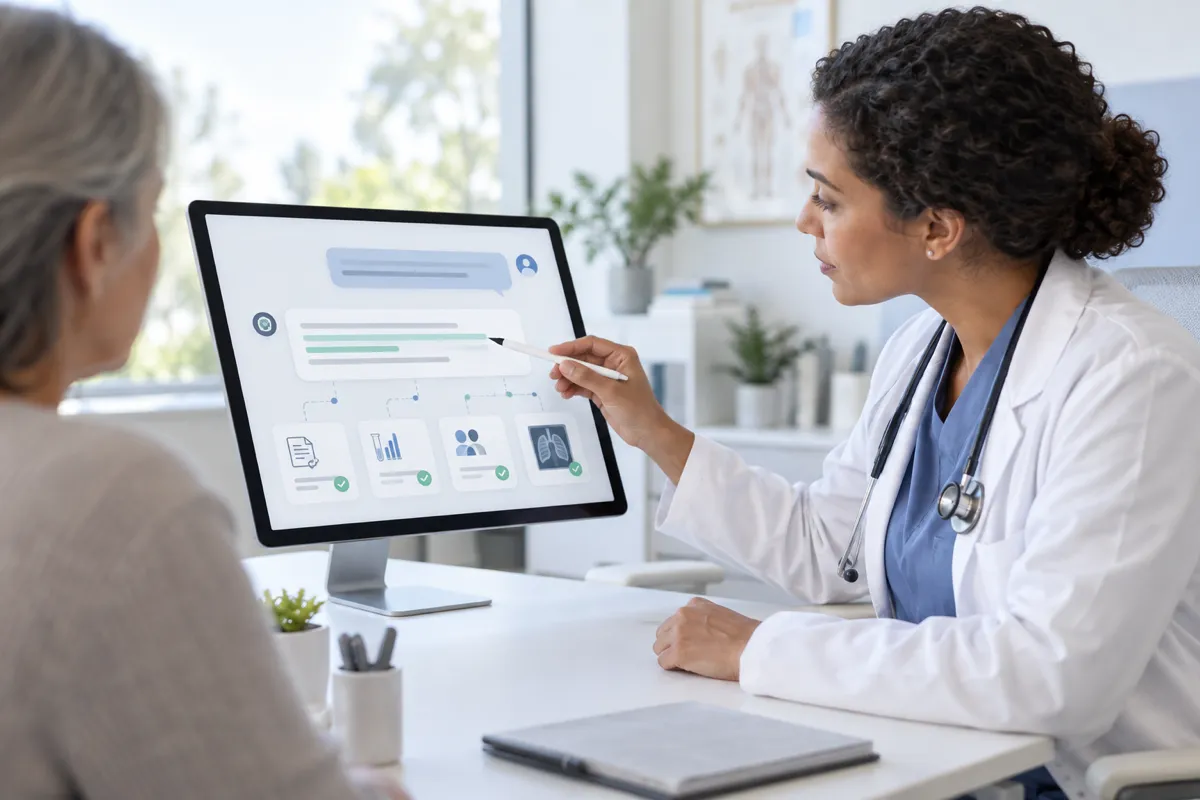 Doctor reviewing medical records via a conversational AI interface with the patient present