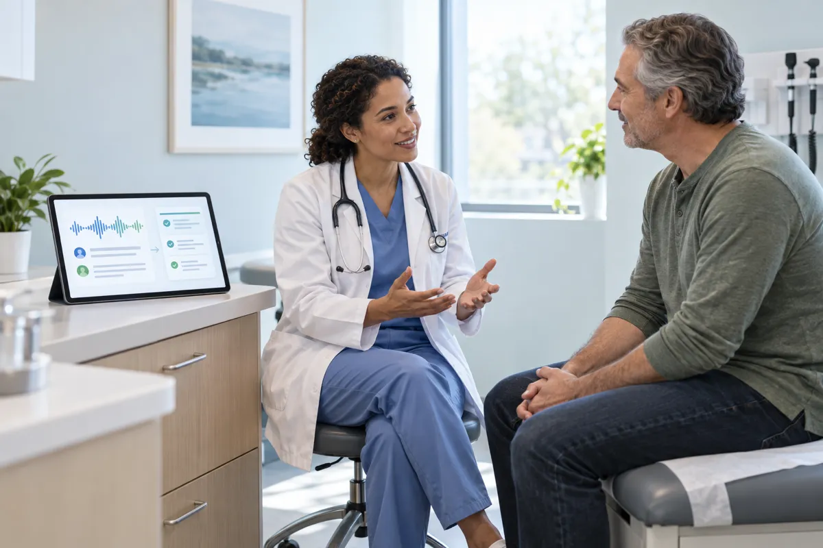 Doctor consulting with a patient while a tablet displays live audio transcription