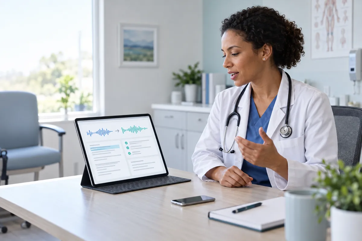 Doctor dictating notes with live transcription shown on a tablet