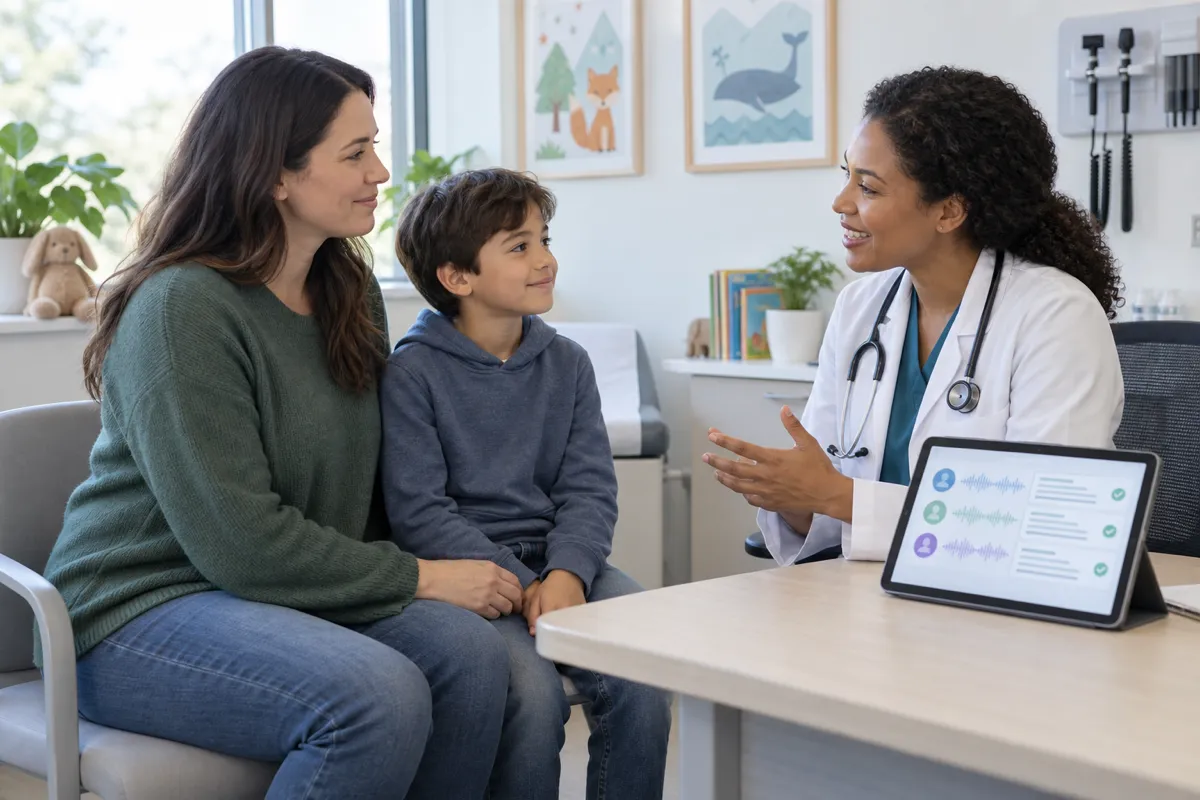 Family physician consulting with a parent and child while reviewing notes on a tablet
