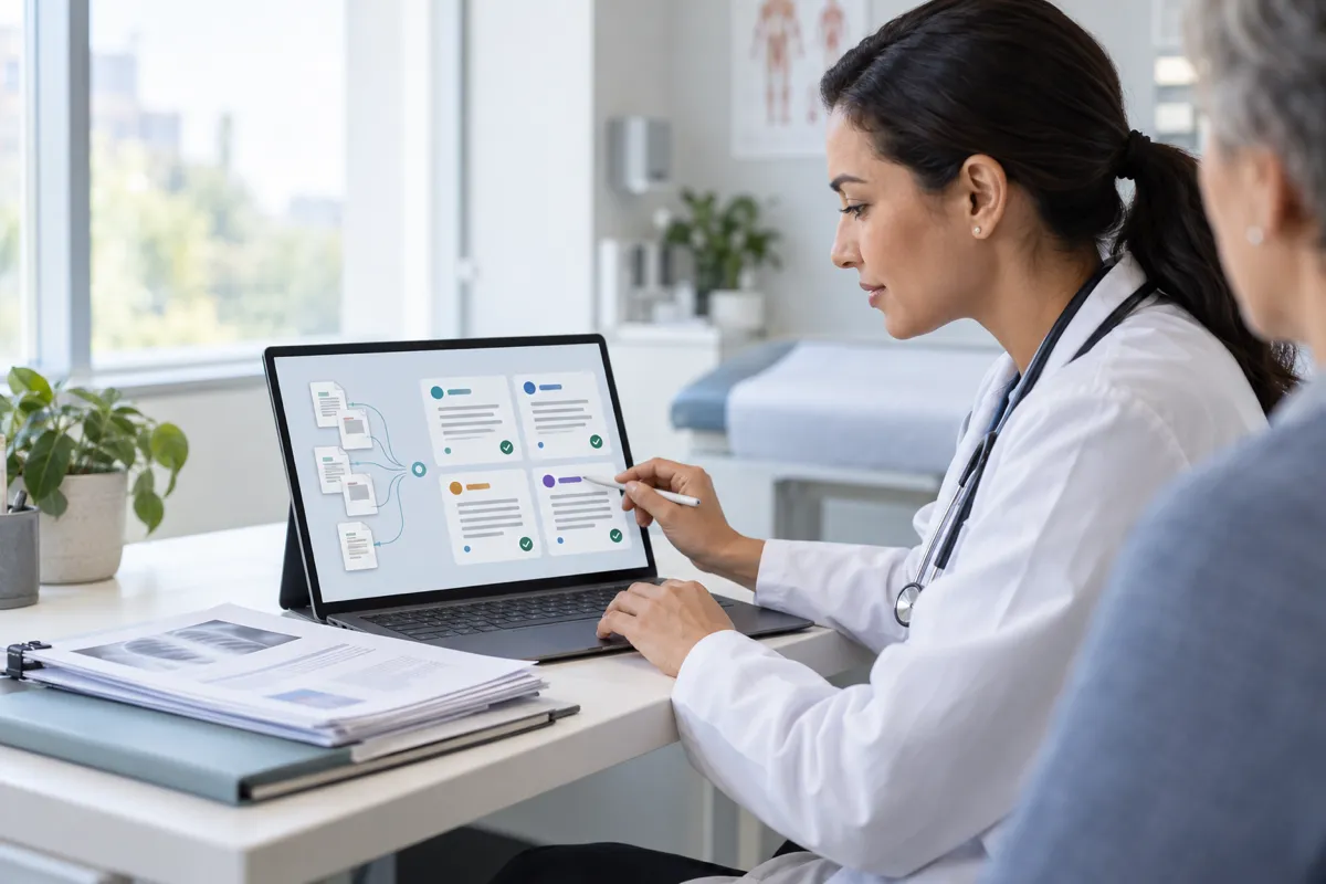 Physician reviewing structured SOAP note cards on a tablet next to a printed patient document