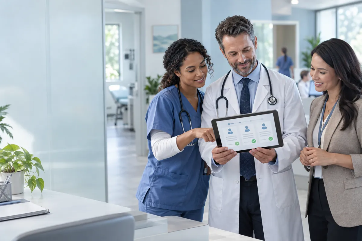 Clinical team reviewing structured patient records on a tablet together