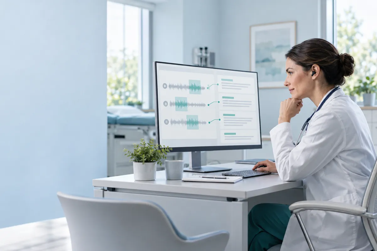 Physician reviewing a monitor showing audio waveforms linked to note segments
