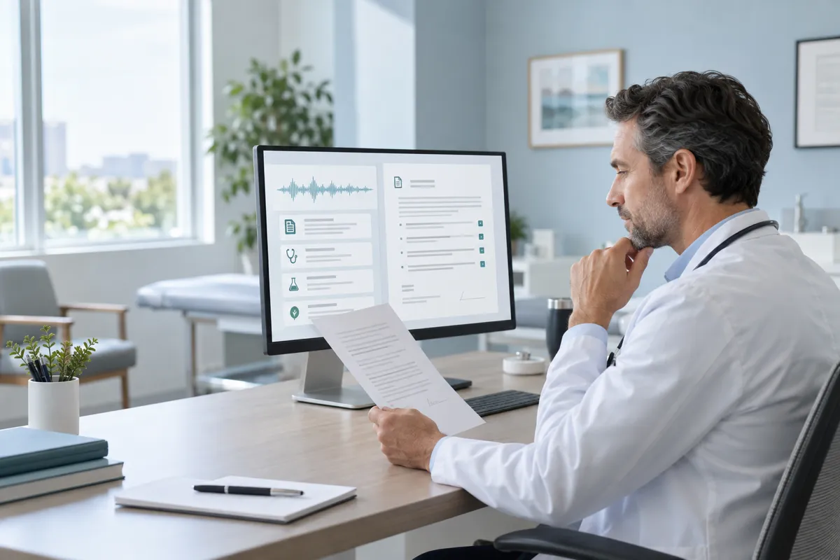 Physician reviewing a printed letter next to a monitor showing structured visit documentation