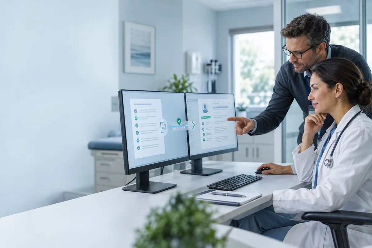 Physician and healthcare IT specialist reviewing secure clinical-note transfer between connected EHR screens.