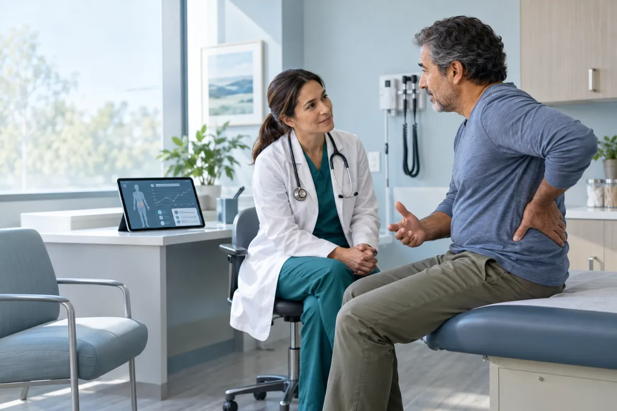 Pain-management physician listening as a patient describes lower-back pain while AI documentation runs on a nearby tablet.